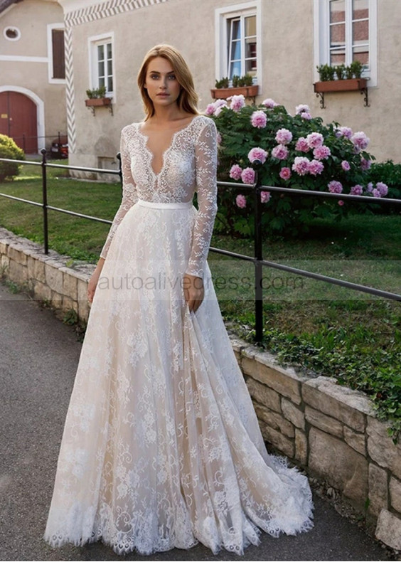 Long Sleeve Ivory Lace Wedding Dress With Chmapagne Lining